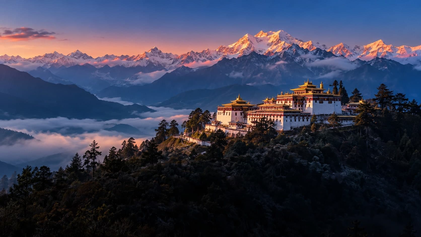 Tawang Monastery above misty Himalayan valleys in Arunachal Pradesh